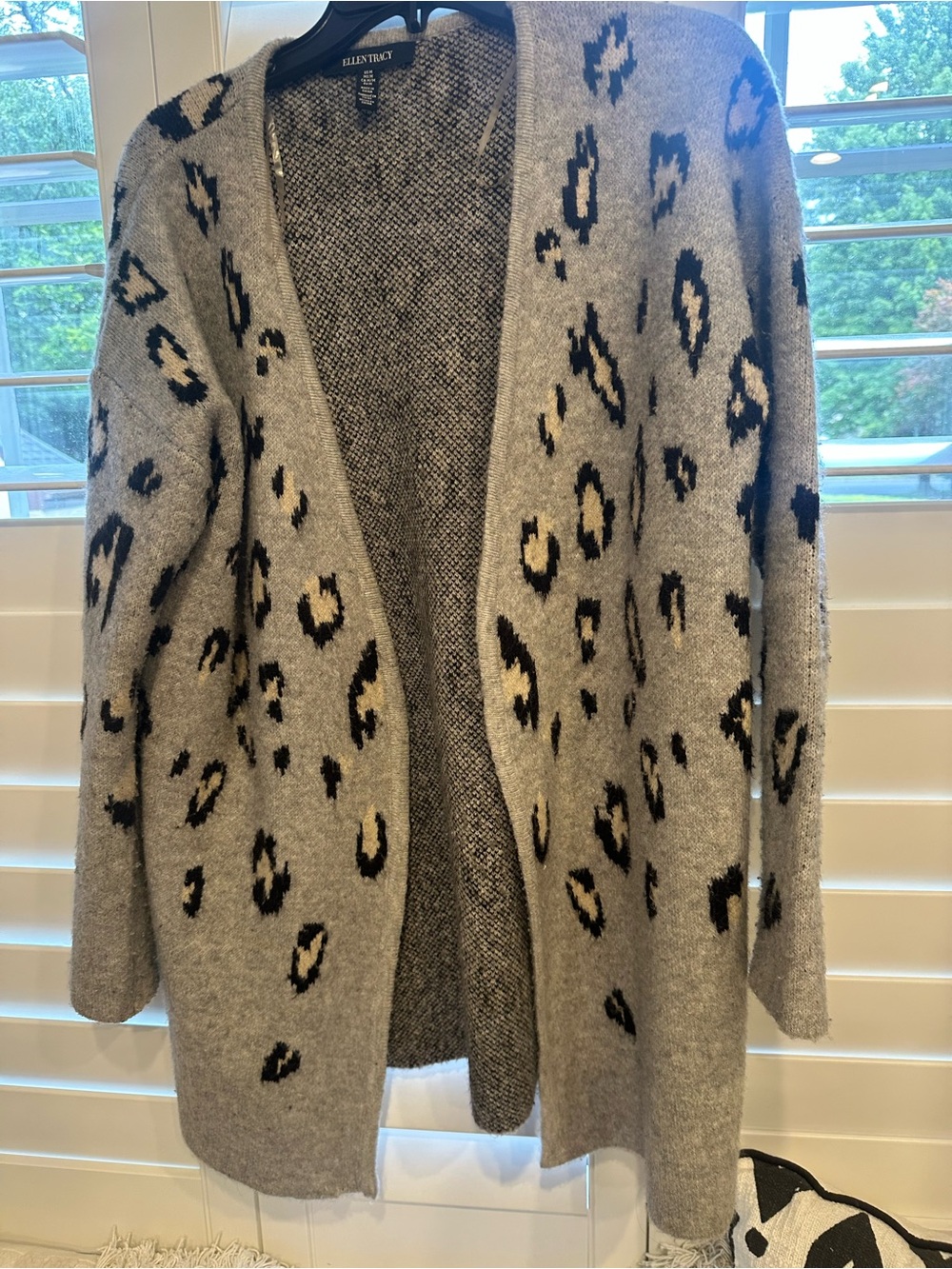 Ellen Tracy Gray Leopard-Print Open Cardigan Sweater